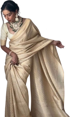 JATADHAR FAB Blocked Printed Ready to Wear Jacquard Saree(Cream)