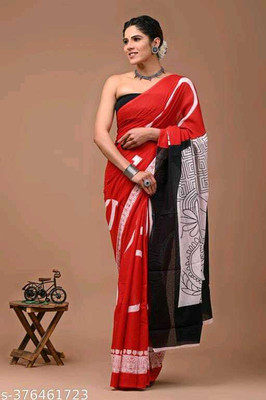 NIKHILAM Printed Daily Wear Pure Cotton Saree(Orange)