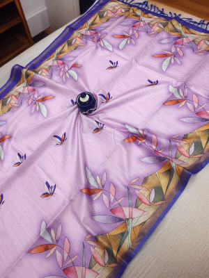 WILLMAKE Printed, Applique, Embellished, Floral Print, Woven Bollywood Cotton Linen Saree(Purple)