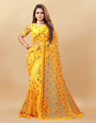 NIYANTAKSH Embroidered Bollywood Net Saree(Yellow)
