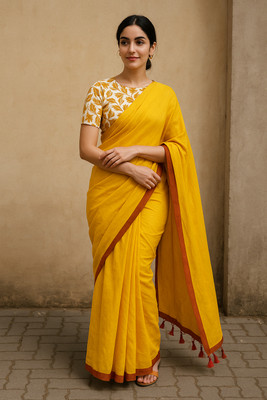 SMRITI HANDLOOM Solid/Plain Kalamkari Handloom Pure Cotton Saree(Pack of 2, Yellow, Red)