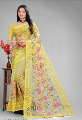 NIYANTAKSH Embroidered Bollywood Net Saree(Yellow)