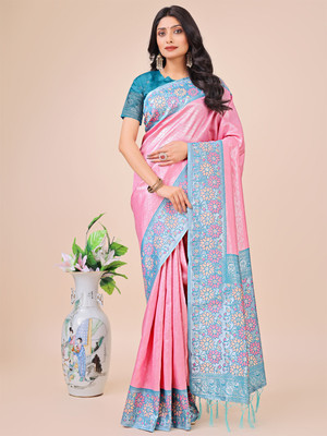 ASTITA Woven Saree with Attached Blouse Silk Blend Saree(Pink)