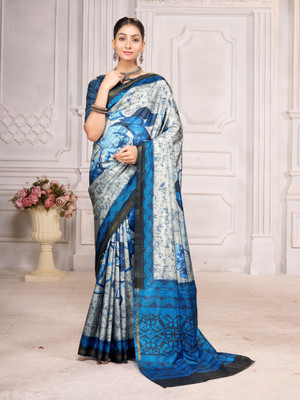 Rudrakala Digital Print, Floral Print, Geometric Print, Graphic Print, Self Design Bollywood Crepe, Silk Blend Saree(Blue, White)