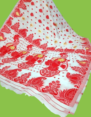 Kanokanjoli Printed Jamdani Handloom Cotton Blend Saree(Red, White)