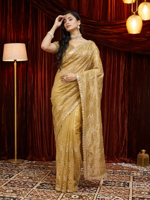 KASEE Embellished Bollywood Net Saree(Gold)