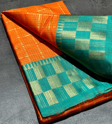 JbWorld Checkered, Woven, Self Design, Embellished Chettinadu Jacquard, Cotton Silk Saree(Orange, Light Green)