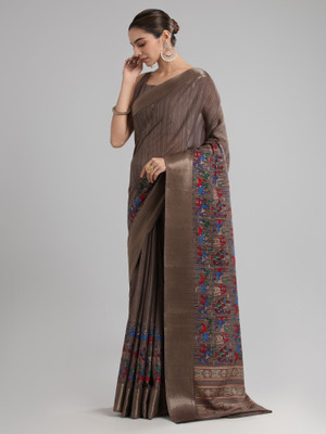Sareemall Printed Jamdani Tussar Silk Saree(Brown)