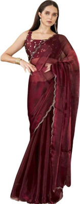 Bollytrend Solid/Plain Bollywood Polyester, Silk Blend Saree(Maroon)