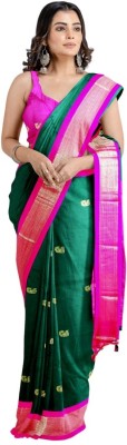 Dnyanada Embroidered Paithani Cotton Silk Saree(Dark Green, Pink)