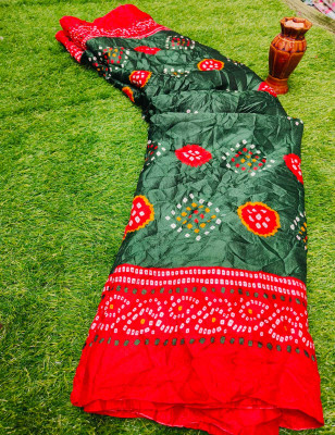 SDGRATITUDE Printed Bandhani Cotton Silk Saree(Dark Green)