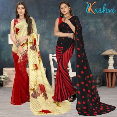 kashvi sarees Floral Print Daily Wear Georgette Saree(Pack of 2, Pink, Beige, Multicolor)