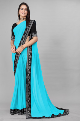 Aai shree khodiyar Solid/Plain Bollywood Georgette Saree(Light Blue)