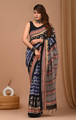 Rashmiwala Floral Print Bollywood Cotton Linen Saree(Blue, Black)