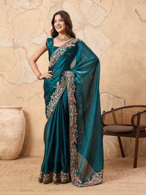 SARETRA MALL Embroidered, Embellished, Floral Print Bollywood Tissue, Organza Saree(Blue)