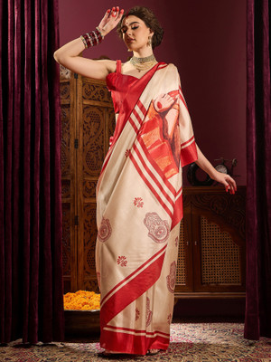 Tasrika Printed Garad Silk Blend Saree(White)