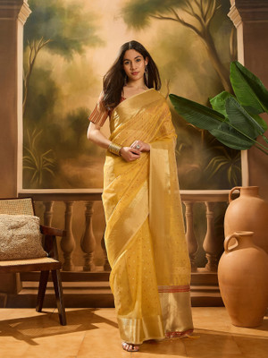 Sangria Self Design Saree with Attached Blouse Organza Saree(Yellow)