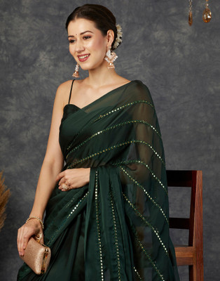 Samah Dyed, Embellished Bollywood Georgette Saree(Dark Green, Gold)