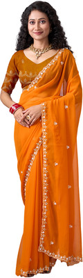 nirmal creation Embroidered Bollywood Chiffon Saree(Pack of 7, Orange)