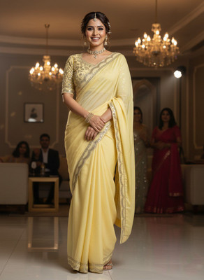 ROOP LAVANYA Embellished, Embroidered Bhagalpuri Chiffon Saree(Yellow)
