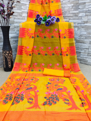 Vedant Vastram Self Design Jamdani Cotton Blend Saree(Yellow)