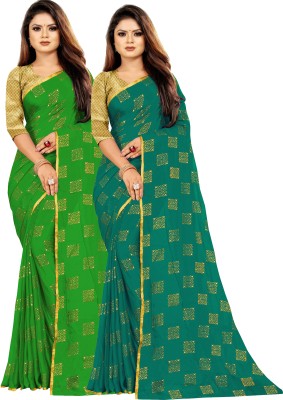 RHEY Printed Daily Wear Chiffon Saree(Pack of 2, Green, Dark Green)