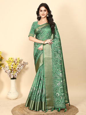 J6 Designers Applique Assam Silk Art Silk Saree(Green)