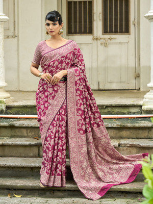 SWORNOF Self Design Lucknow Chikankari Cotton Blend Saree(Purple)