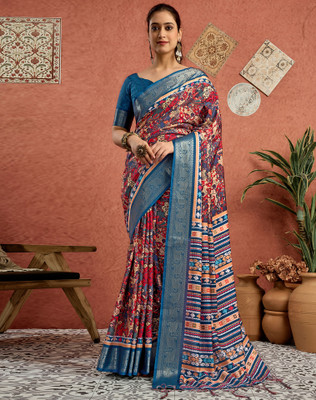 Tasrika Printed, Woven, Embellished Kalamkari Tussar Silk, Cotton Silk Saree(Multicolor)