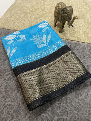 Vihan Fab Surat Printed Kalamkari Jacquard Saree(Light Blue)