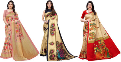 YASHIKA Printed Daily Wear Art Silk Saree(Pack of 3, Pink, Gold, Beige)