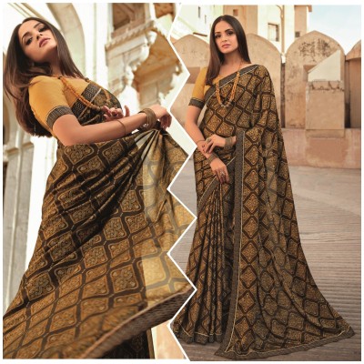 DIKONA DESIGNER Printed, Self Design, Digital Print, Embroidered, Floral Print, Solid/Plain Bollywood Georgette, Chiffon Saree(Brown, Mustard)