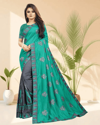 SHOBHTESH Embroidered, Self Design Madhubani Silk Blend, Net Saree(Light Green, Grey)