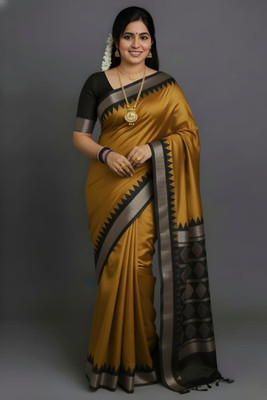 Sijileen Woven, Temple Border, Solid/Plain Sambalpuri Silk Blend Saree(Mustard)