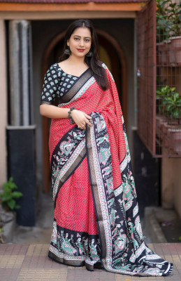 KAMALKUNJ DESIGNER Self Design, Digital Print, Printed, Graphic Print Kalamkari Cotton Silk Saree(Red)