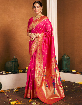 Samah Woven, Embellished Paithani Silk Blend, Jacquard Saree(Pink)
