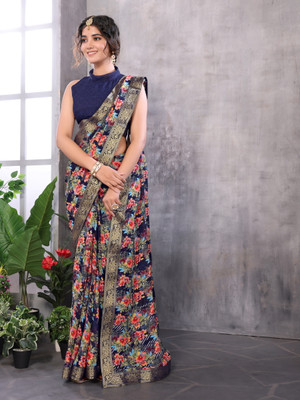 YASHIKA Printed Bollywood Georgette, Lace Saree(Blue)