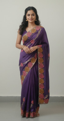 Ronix Floral Print, Embroidered Bollywood Velvet, Silk Blend Saree(Purple, Magenta, Light Green, Light Blue, Green)