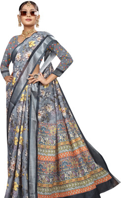 Gajal Printed Kanjivaram Pure Cotton, Cotton Linen Saree(Grey)