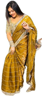 SNXKD Embroidered Bollywood Jimmy choo Saree(Yellow)
