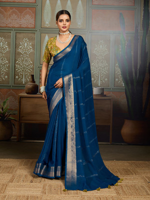 Tasrika Woven Kanjivaram Tussar Silk Saree(Dark Blue)
