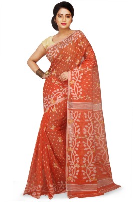 crochetin Woven Jamdani Handloom Cotton Blend Saree(White, Orange)