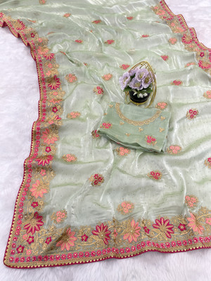 MIYANIFAB Embroidered Bollywood Lycra Saree(Light Green)
