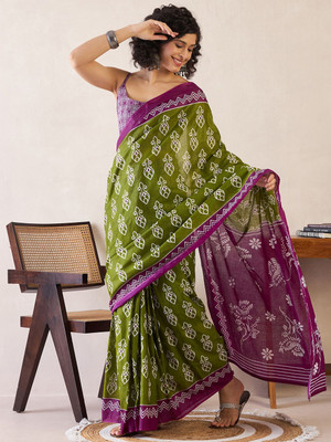 Anouk Rustic Printed Pre Draped Saree Cotton Blend Saree(Multicolor)