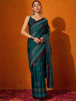 ANOUK Printed Daily Wear Cotton Blend Saree(Dark Blue)