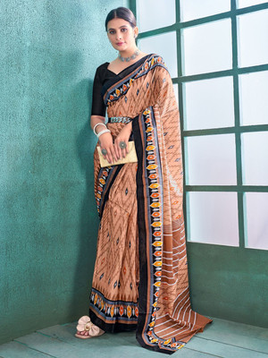Anouk Rustic Printed Ikkat Cotton Blend Saree(Beige)