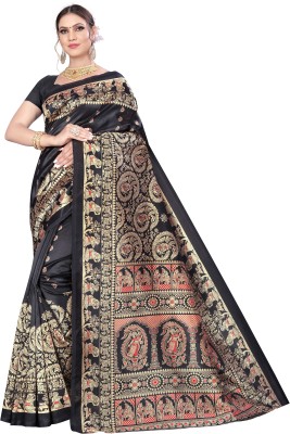 Suntex Printed, Self Design, Floral Print Mysore Silk Blend Saree(Black)