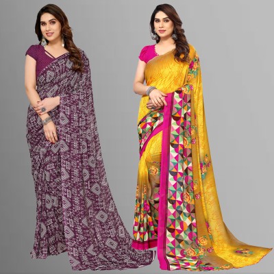 Anand Sarees Floral Print, Polka Print, Ombre, Printed Bollywood Georgette Saree(Pack of 2, Yellow, Pink, Purple)