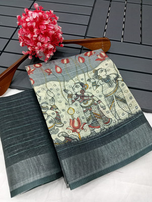 Saaransh Floral Print Kanjivaram Linen, Cotton Silk Saree(Grey)