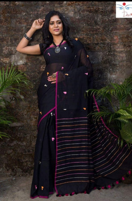 Joyguru Textile Self Design Handloom Cotton Blend Saree(Black)